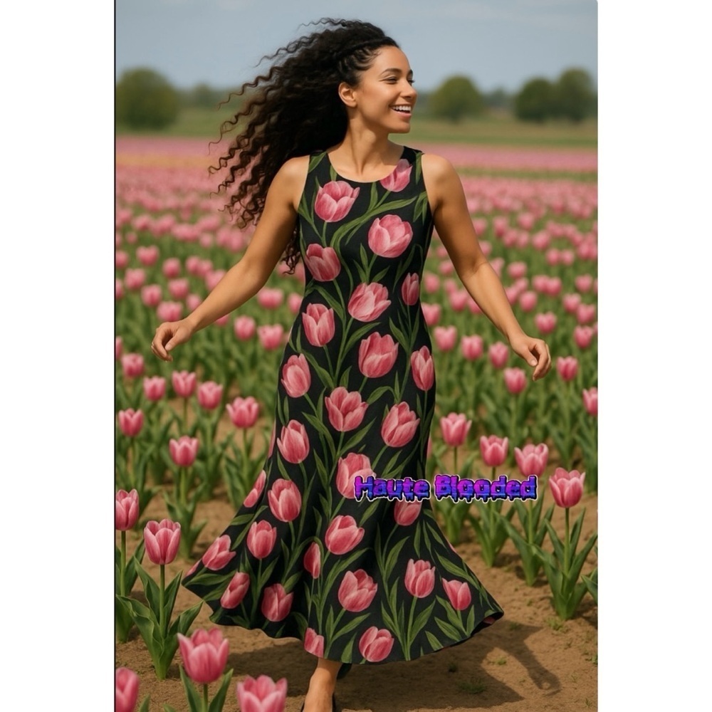 Va Va Voom Dress Long Tulip Flower Floral Cottagecore Long Black Pink Romantic M